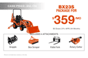 BX23S Package, Grapple, Box Scraper, Rotary Cutter, Pallet Fork