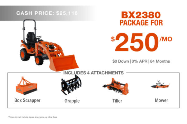 BX2380 Package, Grapple, Box Scraper, Mower, Tiller