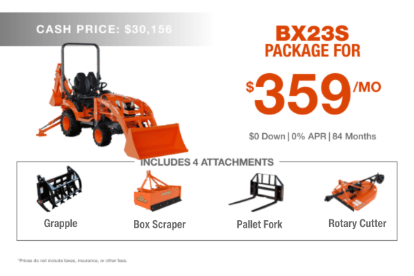 BX23S Package, Grapple, Box Scraper, Rotary Cutter, Pallet Fork