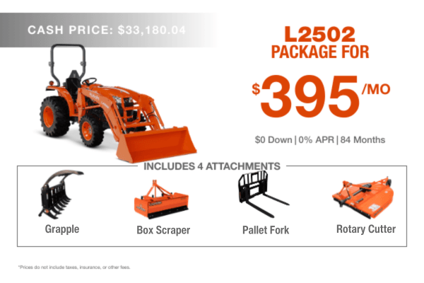 L2502 Package, Grapple, Box Scraper, Pallet Fork, Rotary Cutter