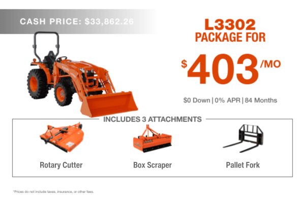 L33o2 Package, Box Scraper, Pallet Fork, Rotary Cutter